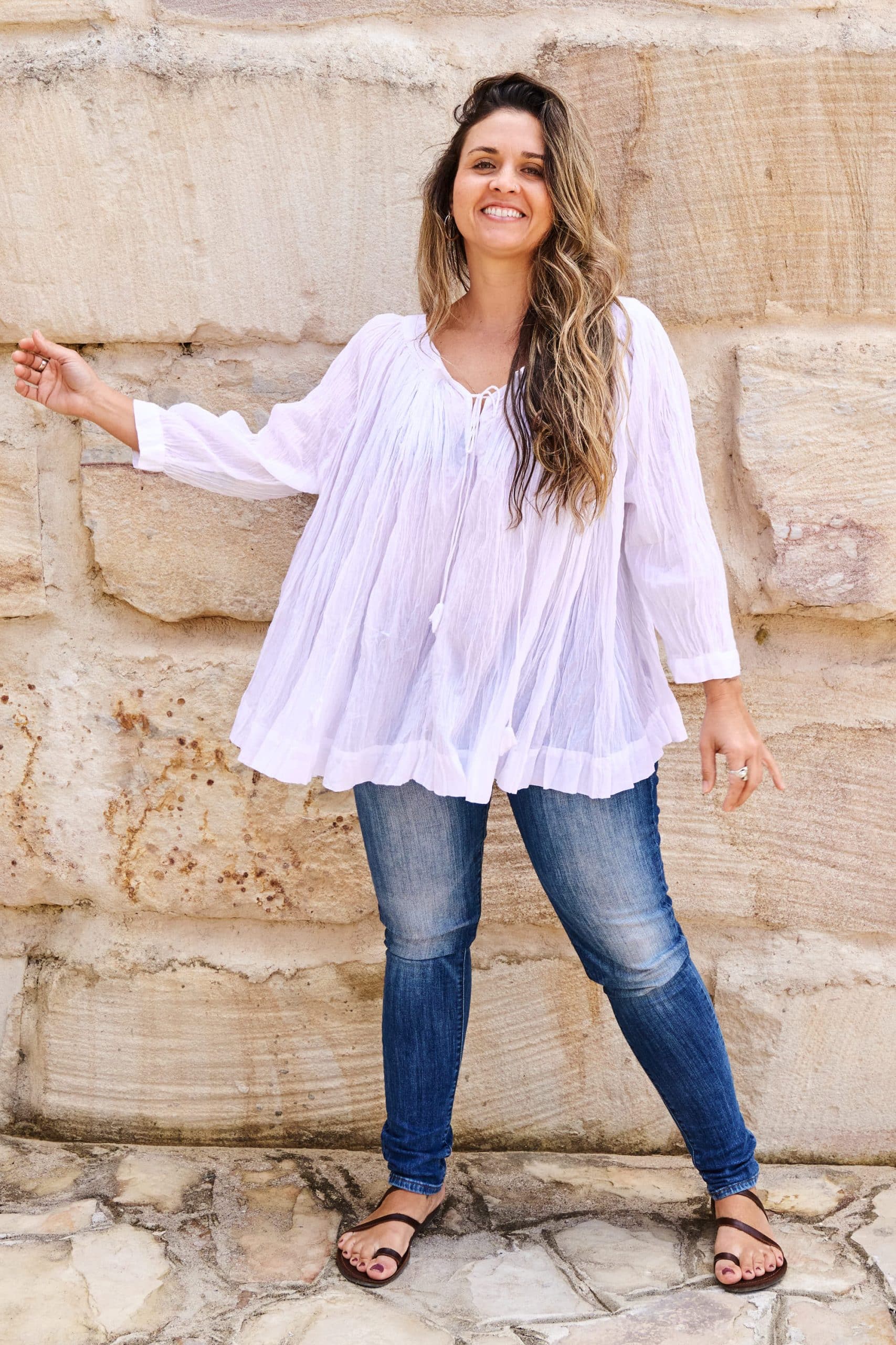 Womens, Dove blouse, 7/8 blouson sleeve, 100% cotton. Pure, Serene - White