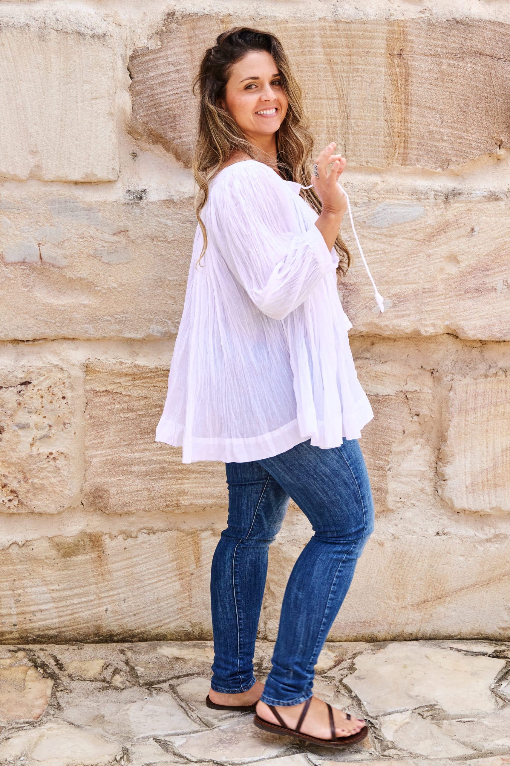 Womens, Dove blouse, 7/8 blouson sleeve, 100% cotton. Pure, Serene - White