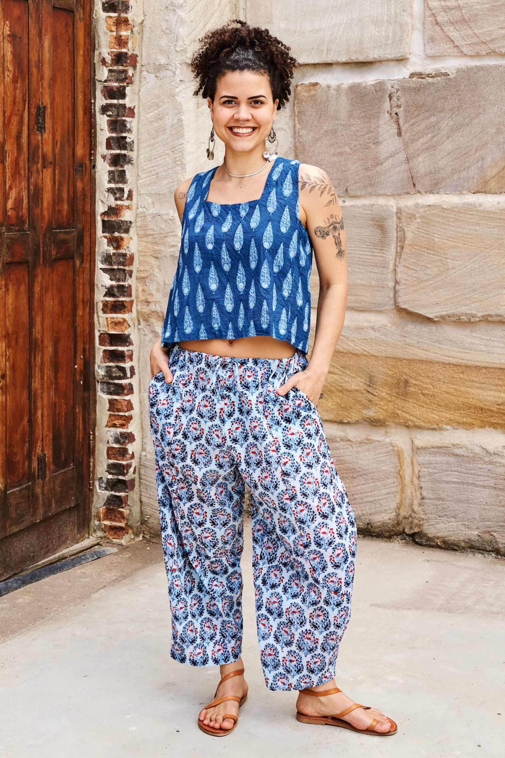 Womens Tops & Pants, 100% Cotton, Hand Block Print, Summer. Lola top in natural blue - Indigo Nivara & Sol Pants in saphire blue with a pop of red - Saphira