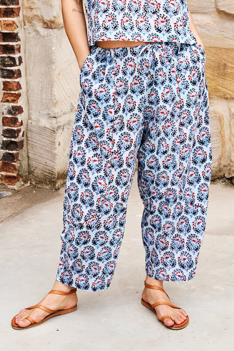 Womens Pants, 100% Cotton, Hand Block Print, Summer. Sol Pants in saphire blue with a pop of red - Saphira