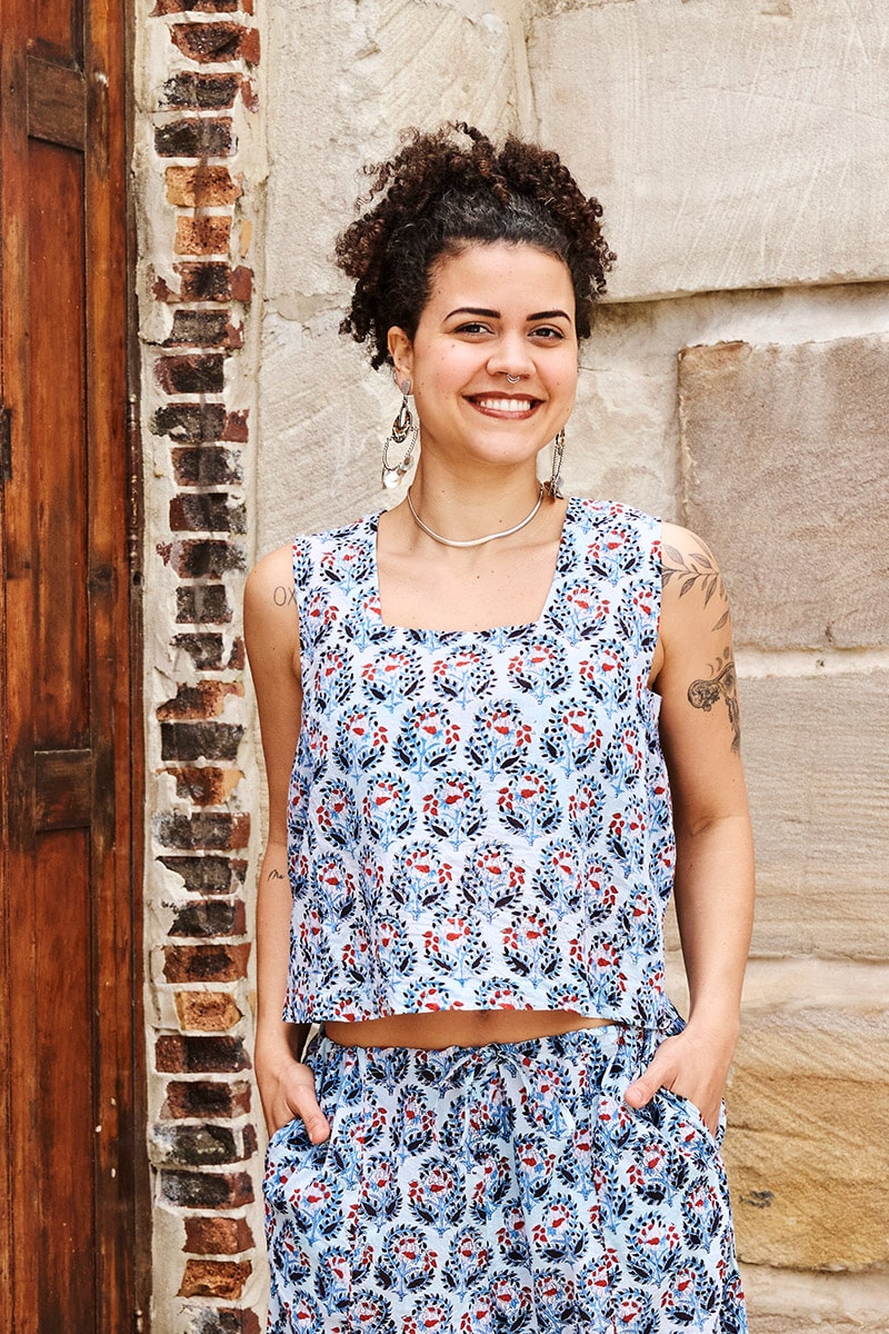 Womens Tops & Pants, 100% Cotton, Hand Block Print, Summer. Lola top & Sol Pants in saphire blue with a pop of red - Saphira