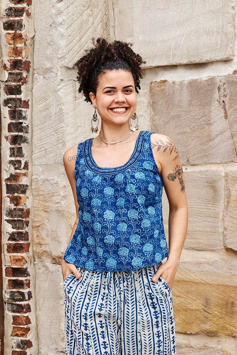 Womens Tops, 100% Cotton, Hand Block Print, Summer. Vayana top in natural blue - Indigo Lila