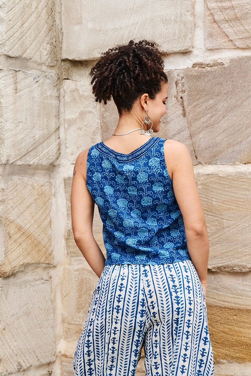 Womens Tops, 100% Cotton, Hand Block Print, Summer. Vayana top in natural blue - Indigo Lila