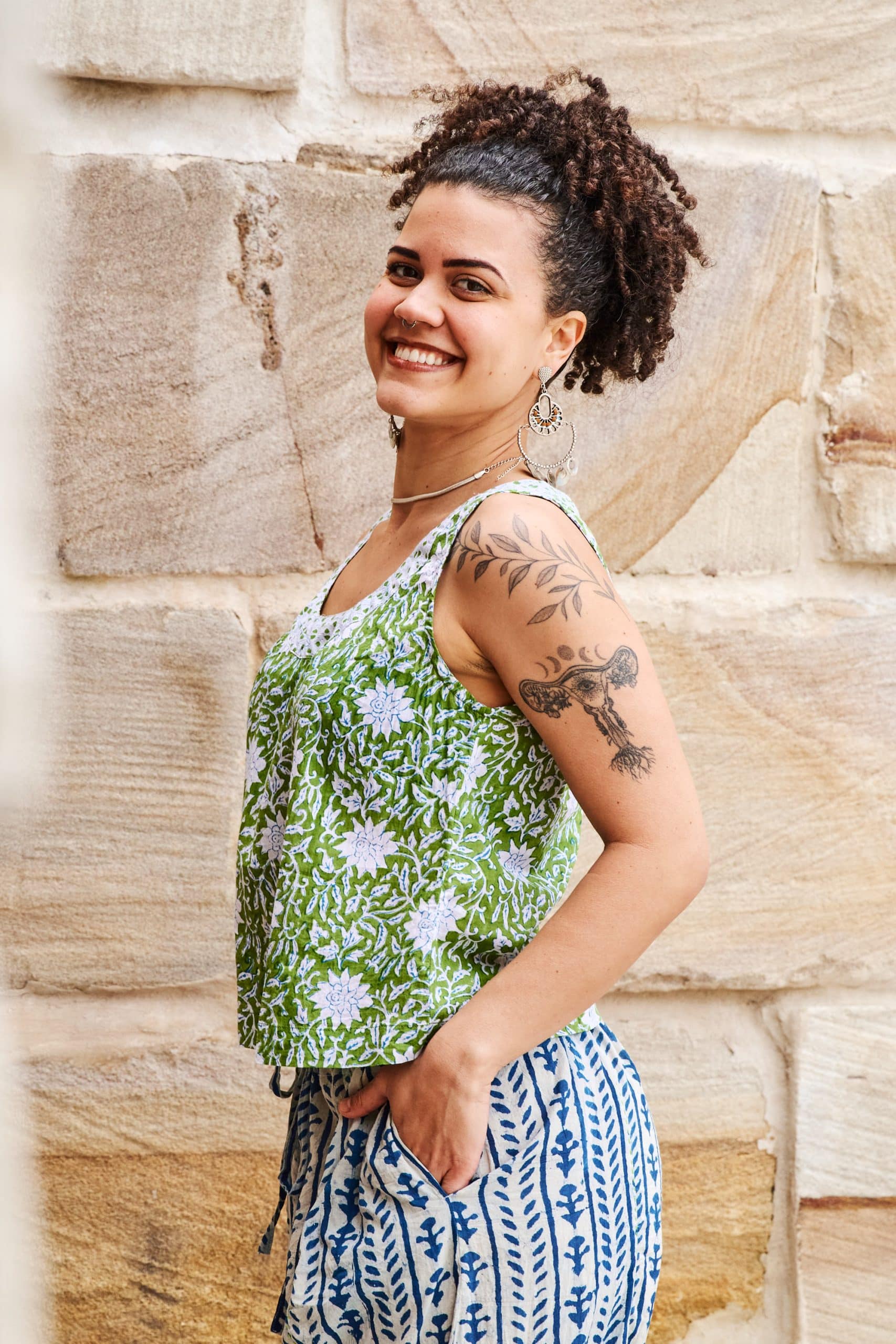 Womens Tops, 100% Cotton, Hand Block Print, Summer. Vayana top in Evergreen