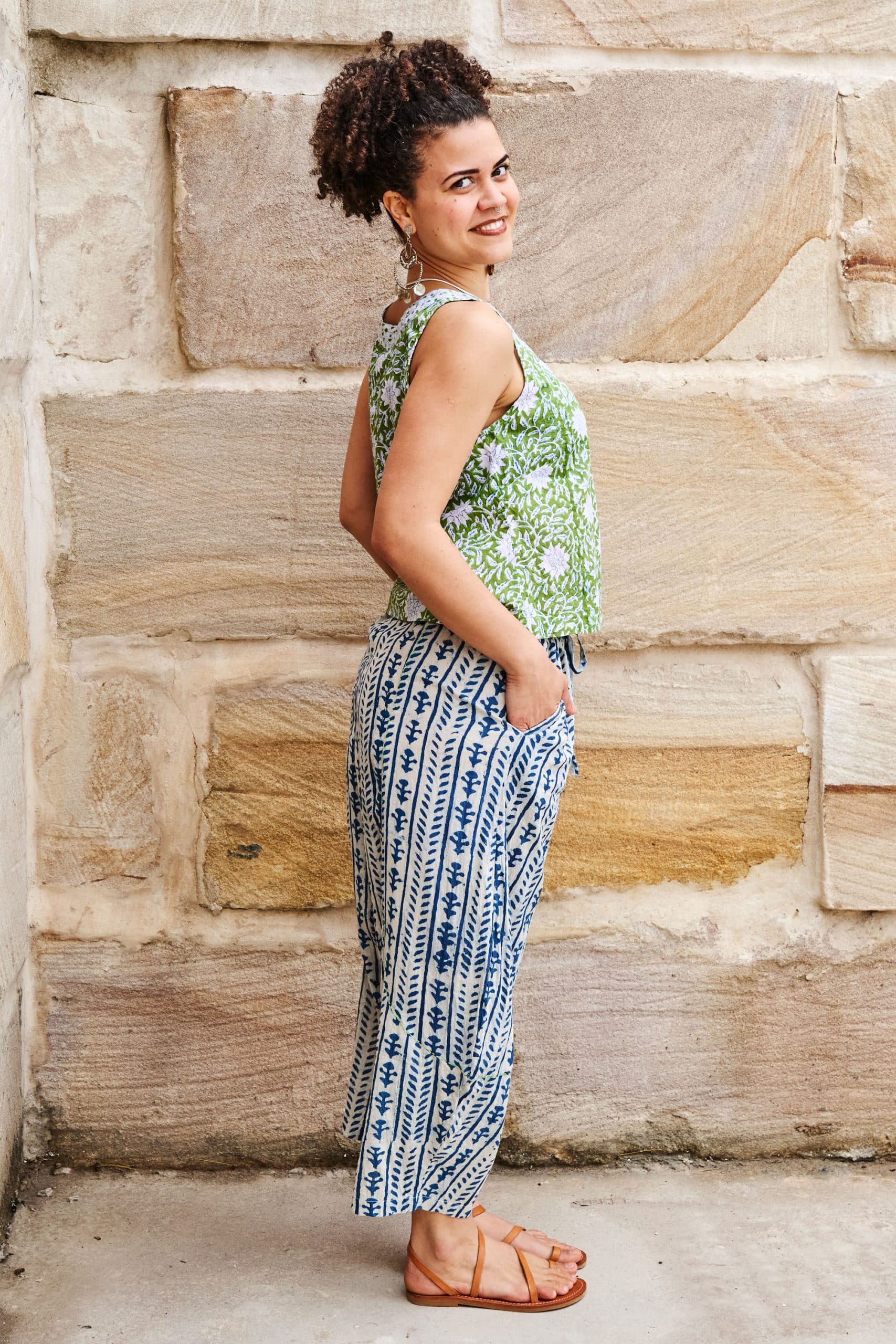 Hand Block Print, Summer. Vayana top - Evergreen & Sol Pants - Indigo Kavari.