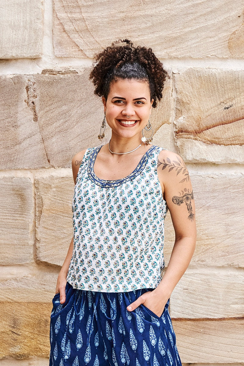 Womens Tops, 100% Cotton, Hand Block Print, Summer. Vayana in subtle Rhapsody print