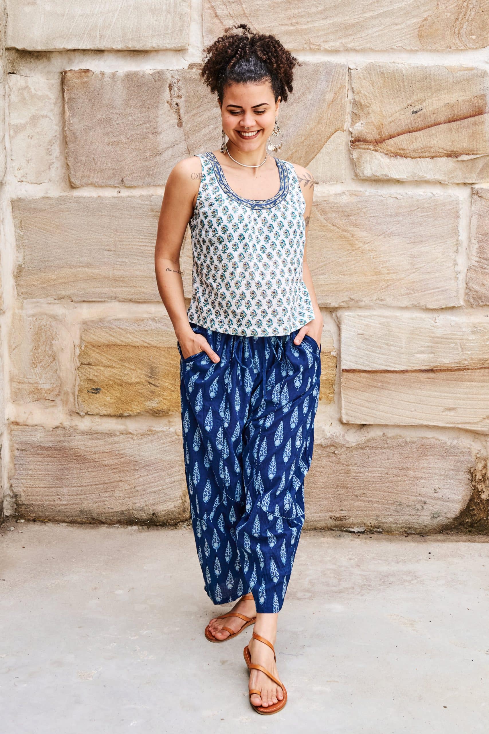 Womens Tops & Pants, 100% Cotton, Hand Block Print, Summer. Vayana top in subtle Rhapsody print. Sol Pants in natural blue - Indigo Nivara