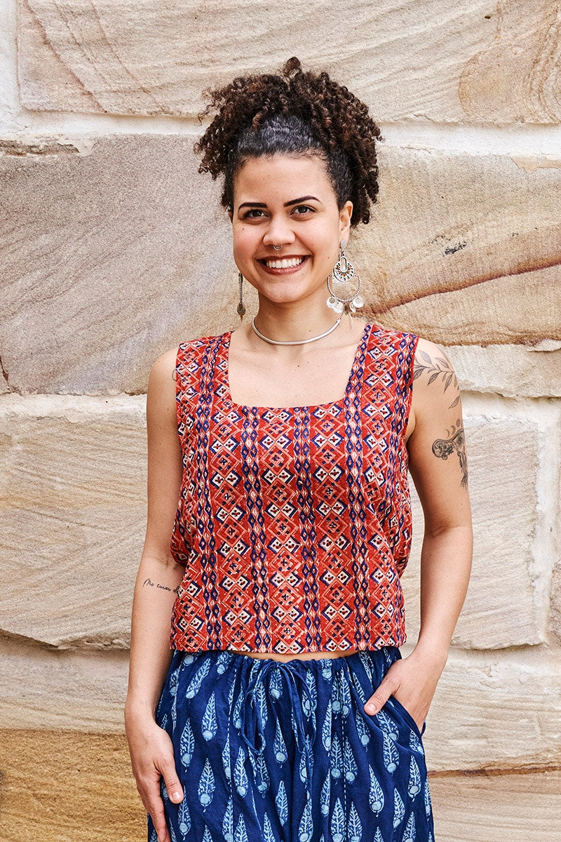Womens Tops, 100% Cotton, Hand Block Print, Summer. Lola in red mosaic - Tavira