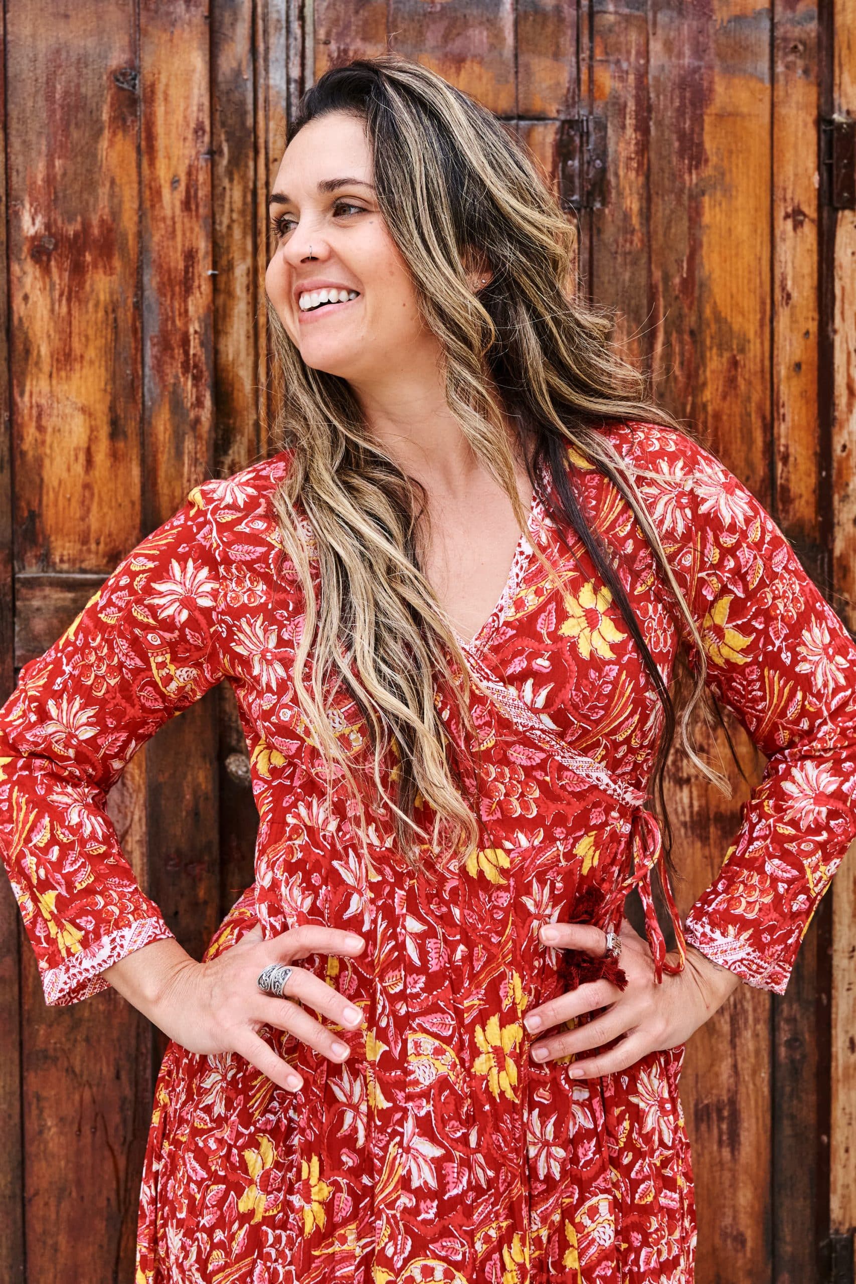 Womens, midi, Genevieve Dress, 7/8 sleeves, 100% Cotton, hand block print. Passionflower