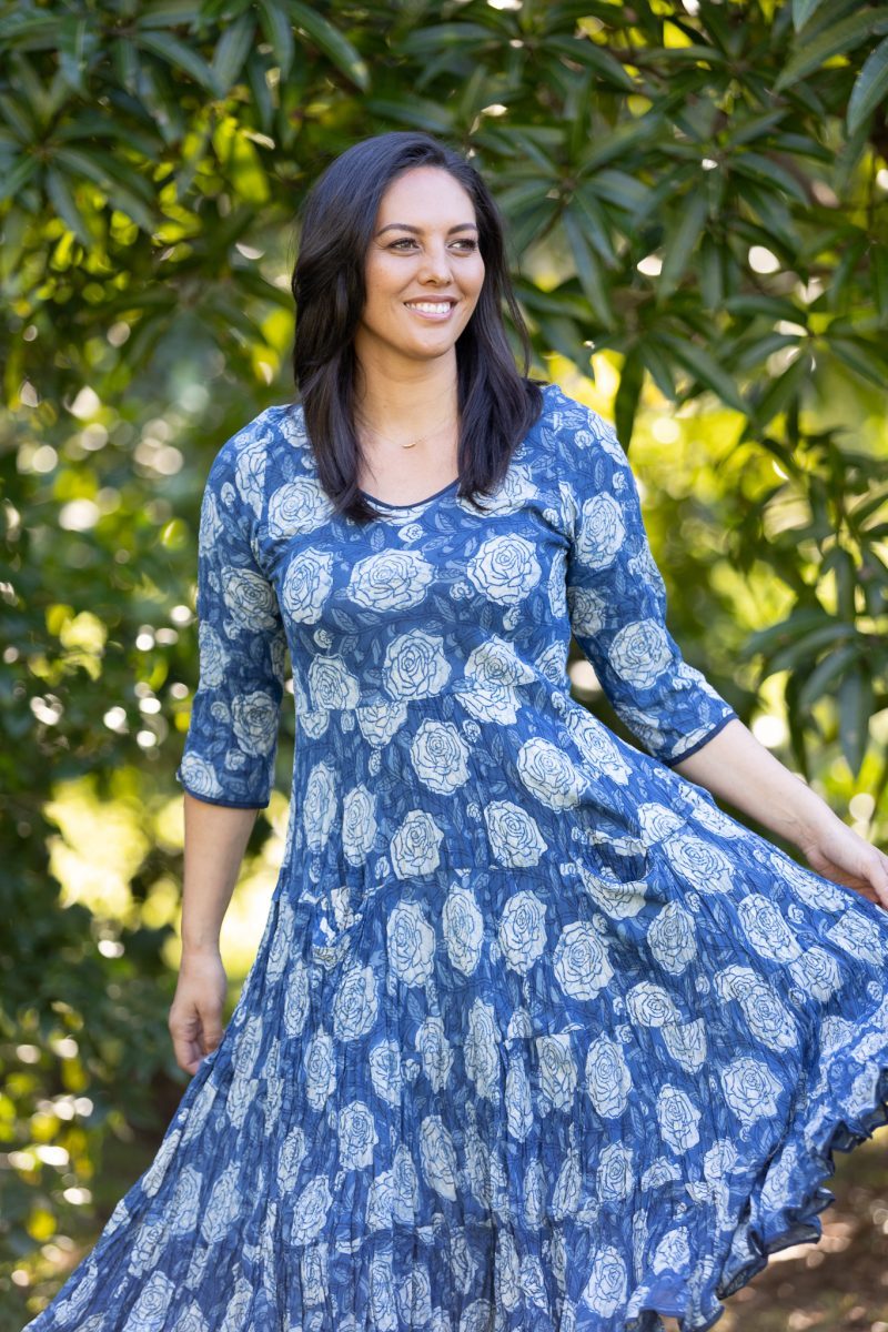 Flamenco Dress with Sleeves - Indigo Big Rose