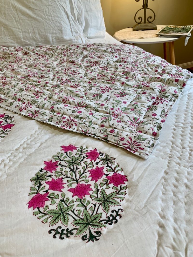 Hand Block Printed Quilt - Magenta Floral