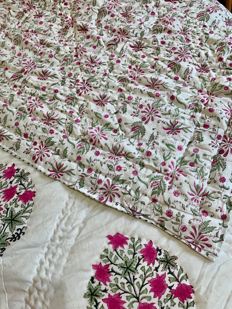 Hand Block Printed Quilt - Magenta Floral