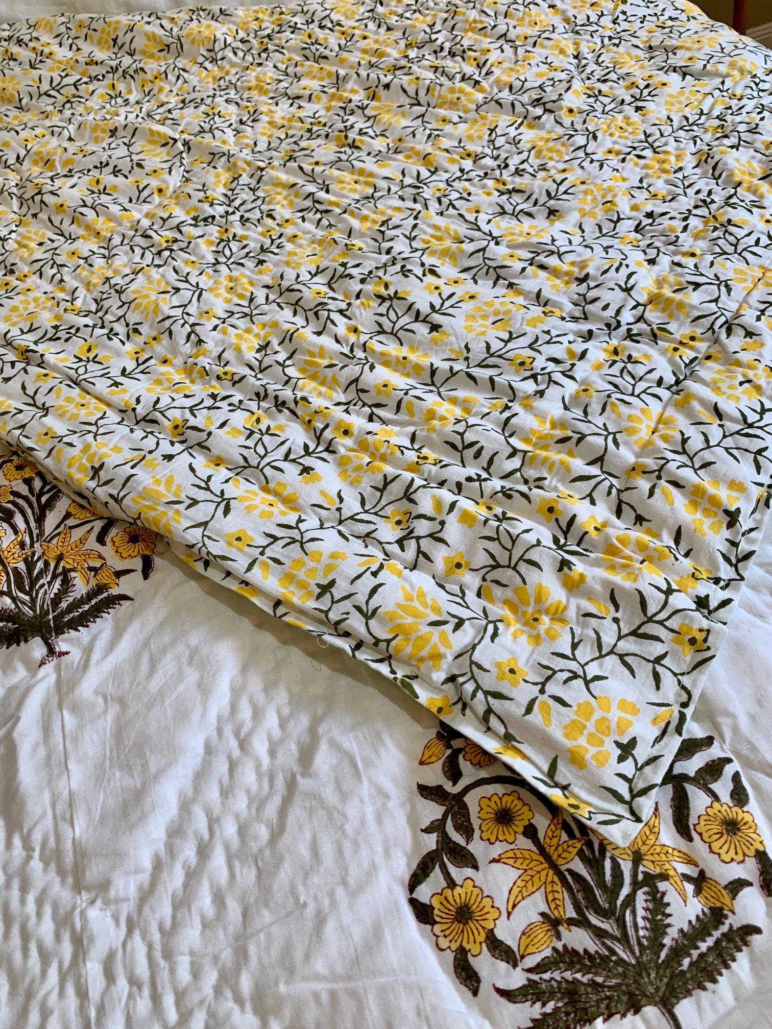 Hand Block Printed Quilt - Yellow Daisy