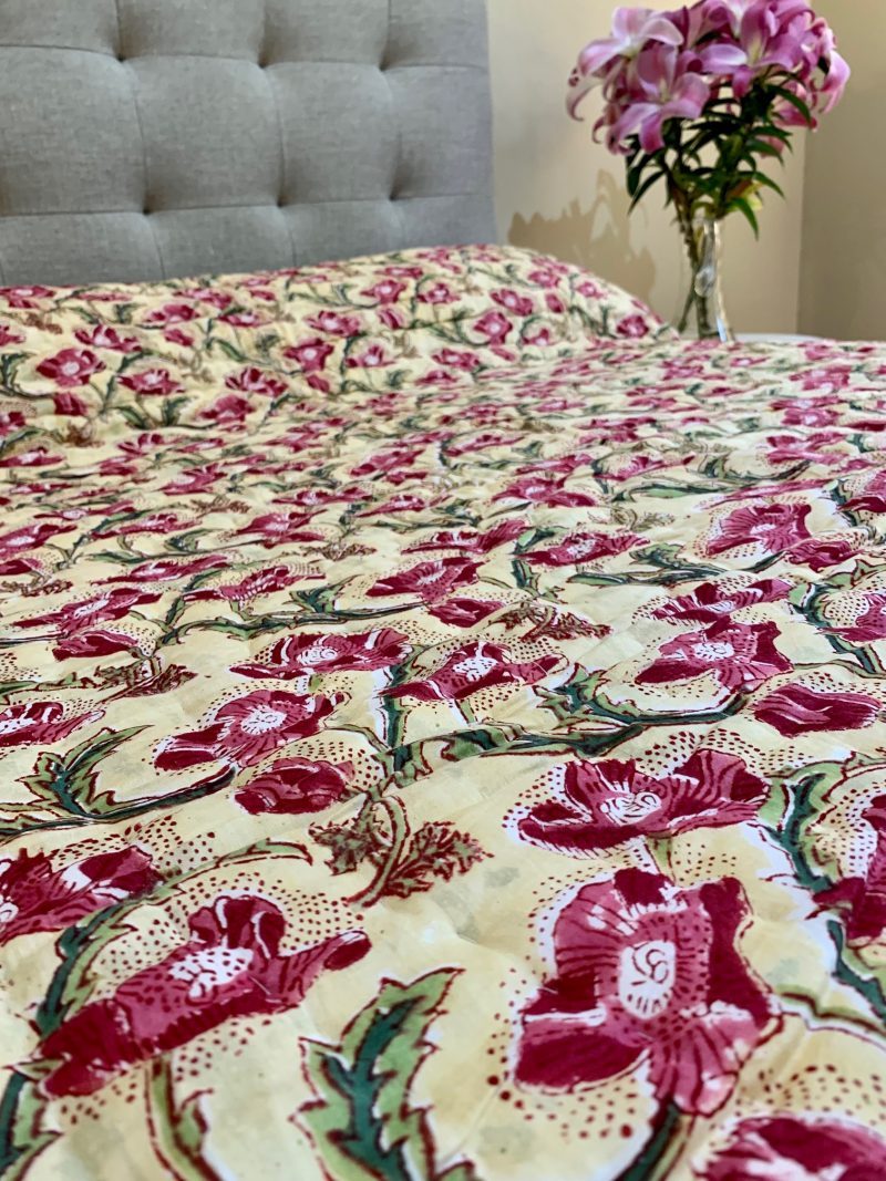 Hand Block Printed Quilt - Magenta Poppies