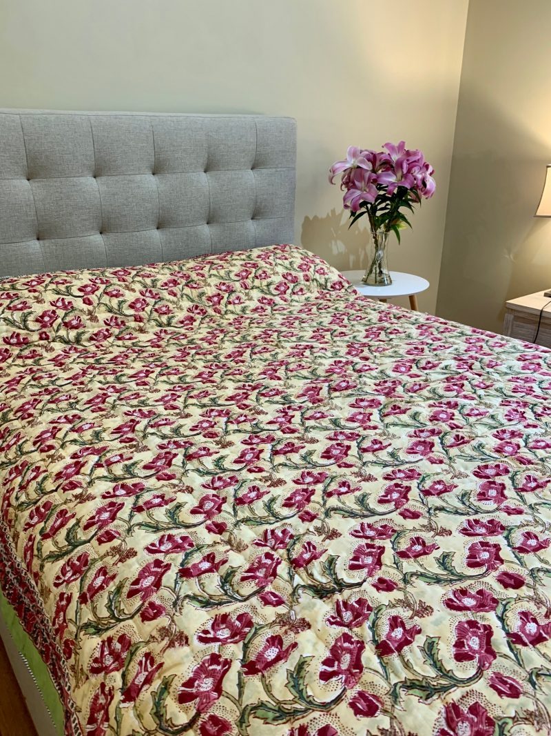Living - Home - Hand Block Printed Quilt - Magenta Poppies