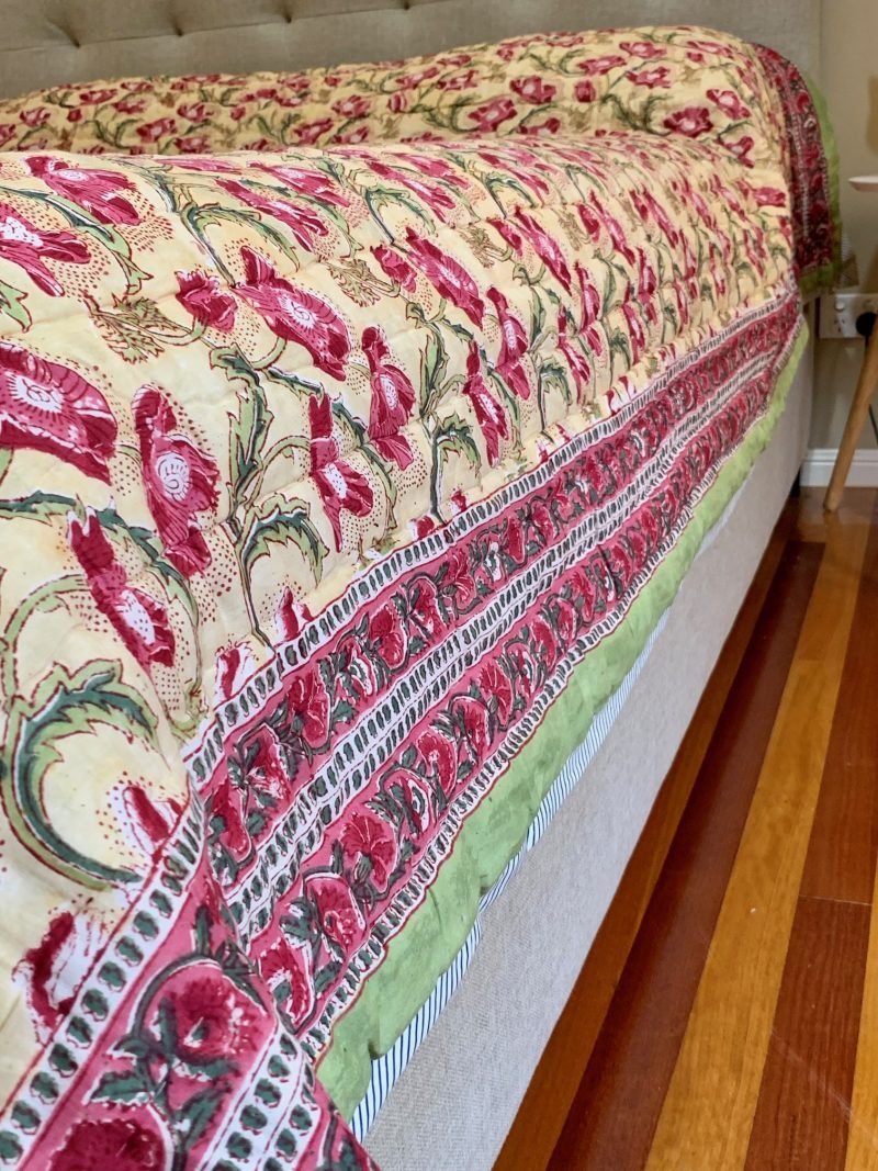Hand Block Printed Quilt - Magenta Poppies