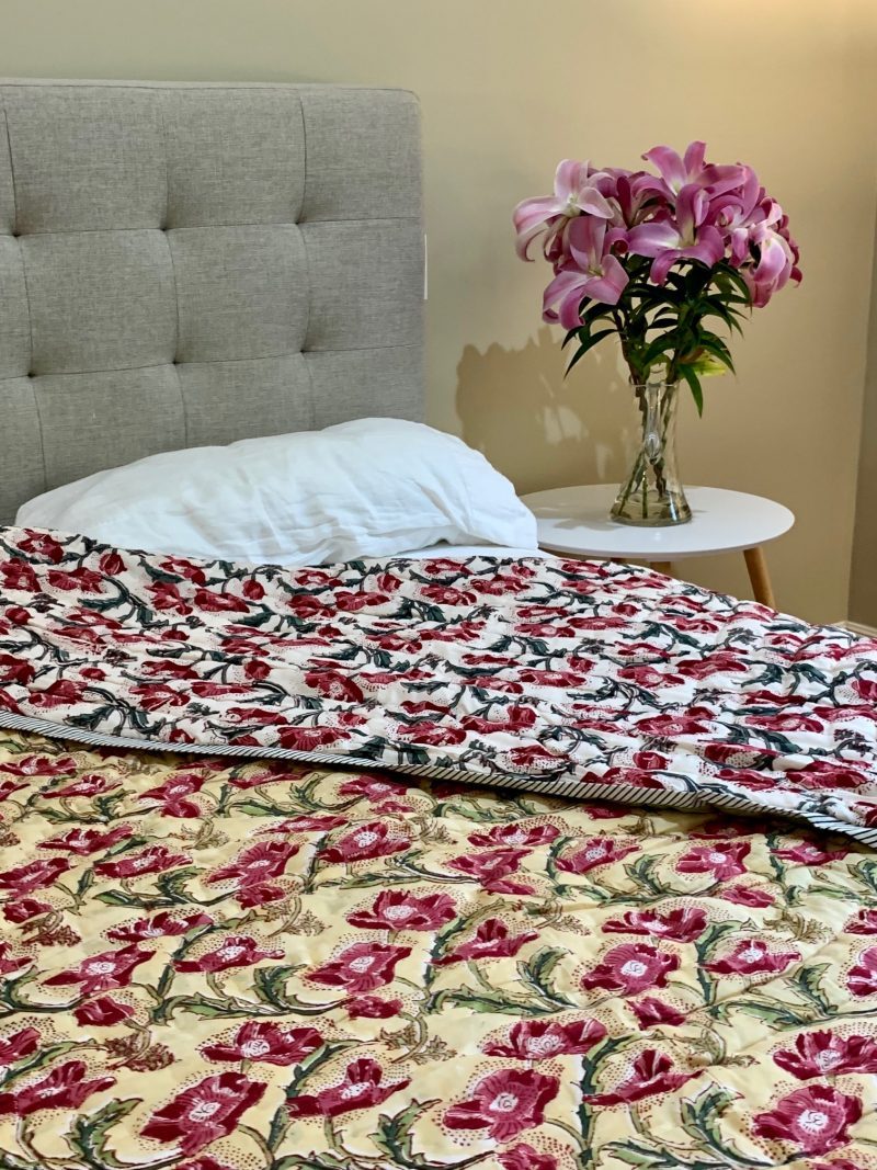 Hand Block Printed Quilt - Magenta Poppies