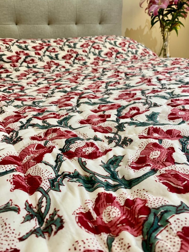 Hand Block Printed Quilt - Magenta Poppies
