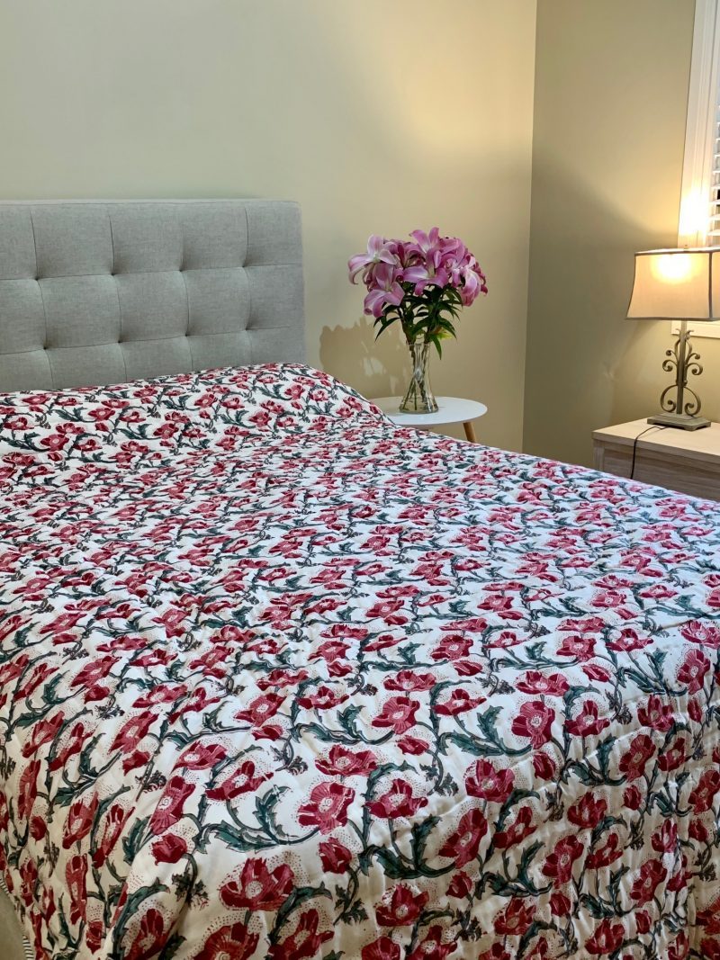 Hand Block Printed Quilt - Magenta Poppies