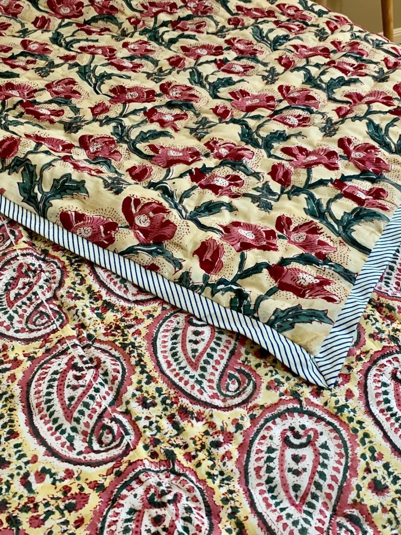 Hand Block Printed Quilt - Buttermilk Paisley & Poppies