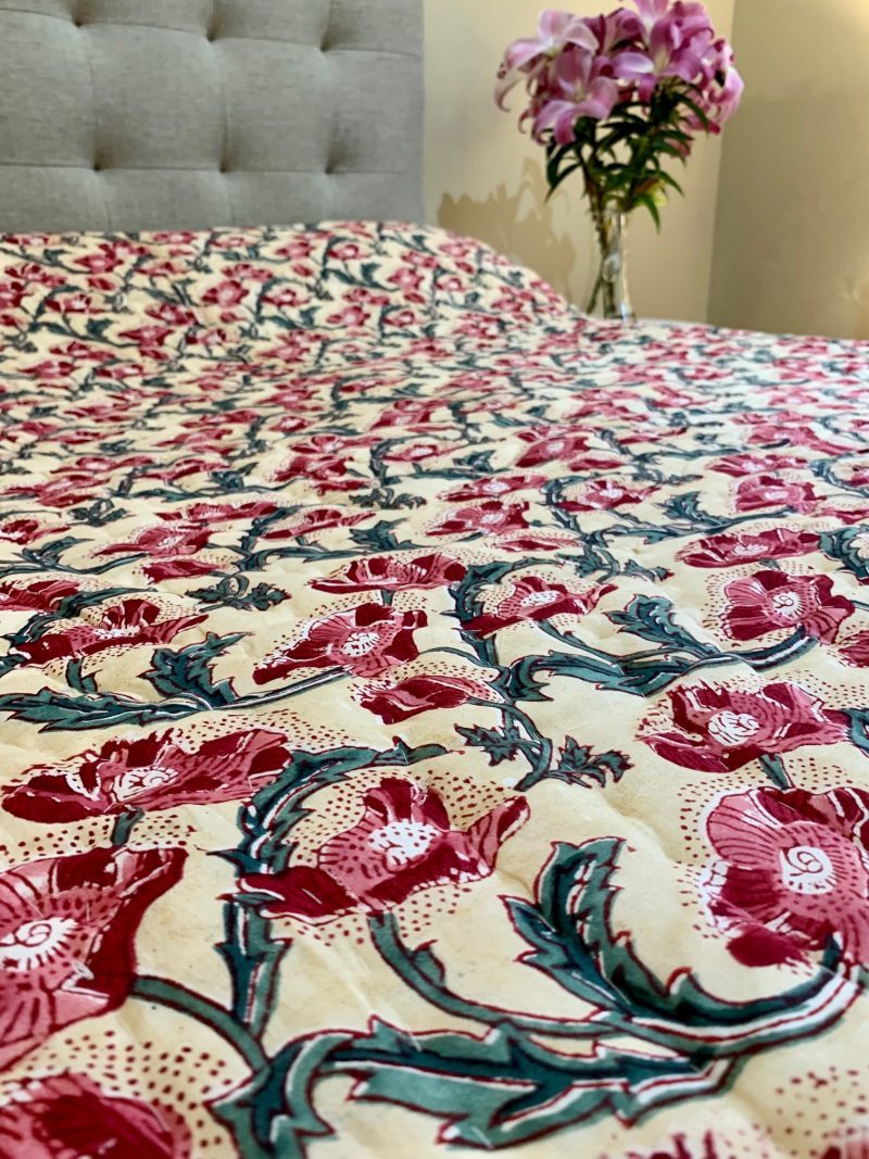 Hand Block Printed Quilt - Buttermilk Paisley & Poppies