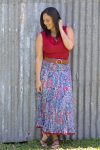 Cowl Neck Top, Miranda & Flamenco Skirt - Red, Tan & French Harvest