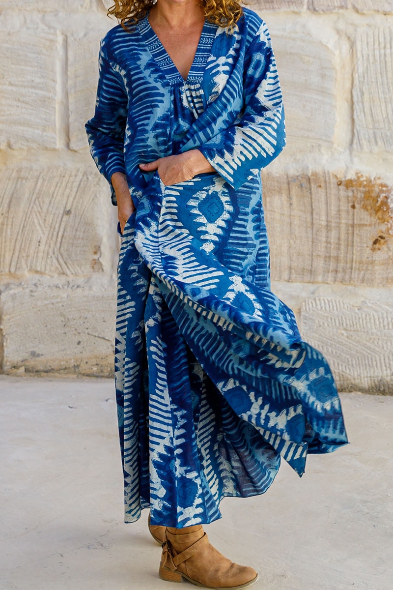 Palm Dress with Sleeves - Indigo Ikat