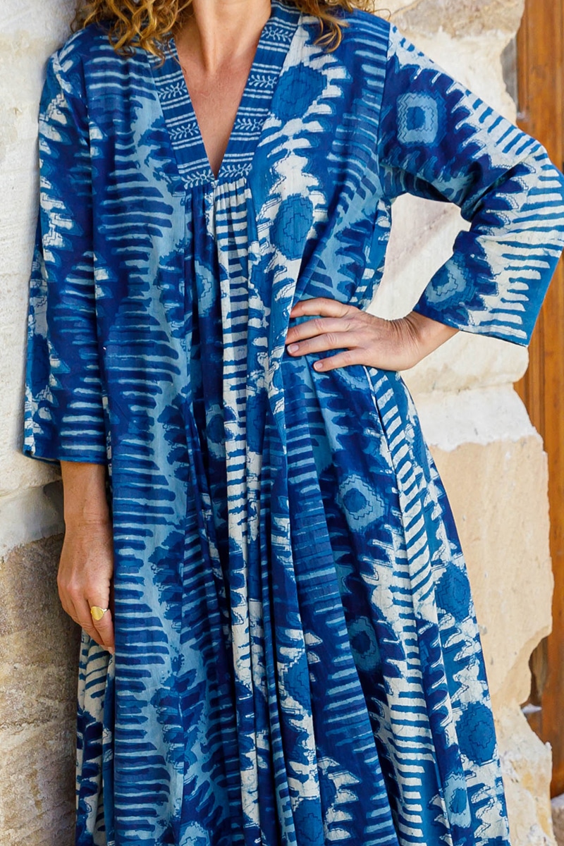 Palm Dress with Sleeves - Indigo Ikat