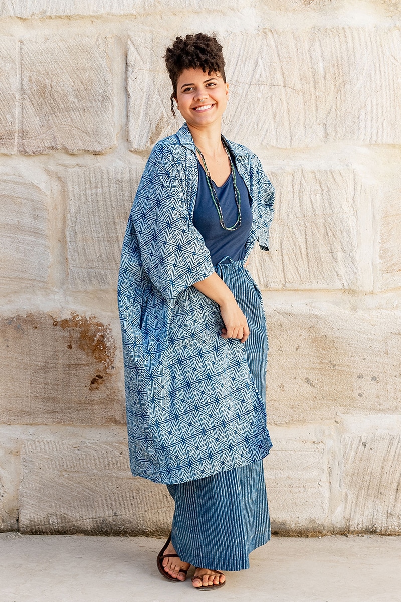 Amira Kimono Dress - Indigo Mosaic