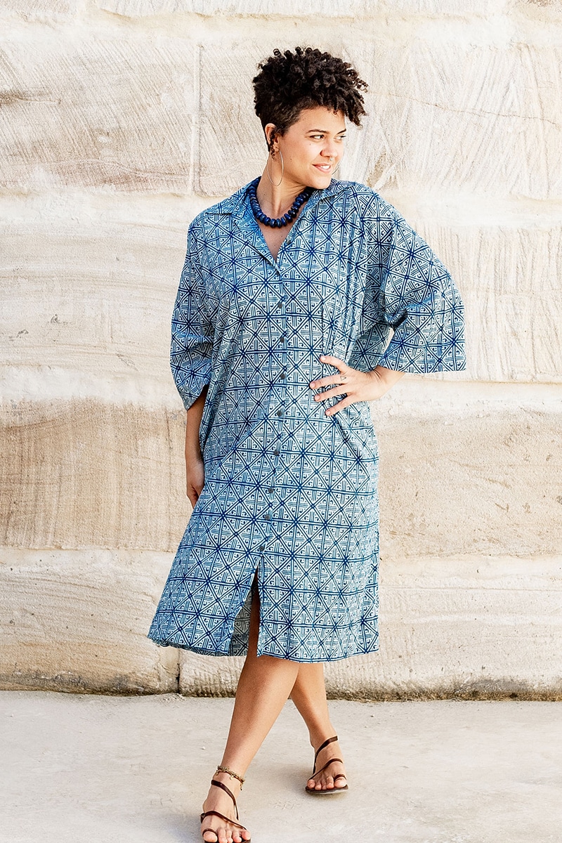 Amira Kimono Dress - Indigo Mosaic