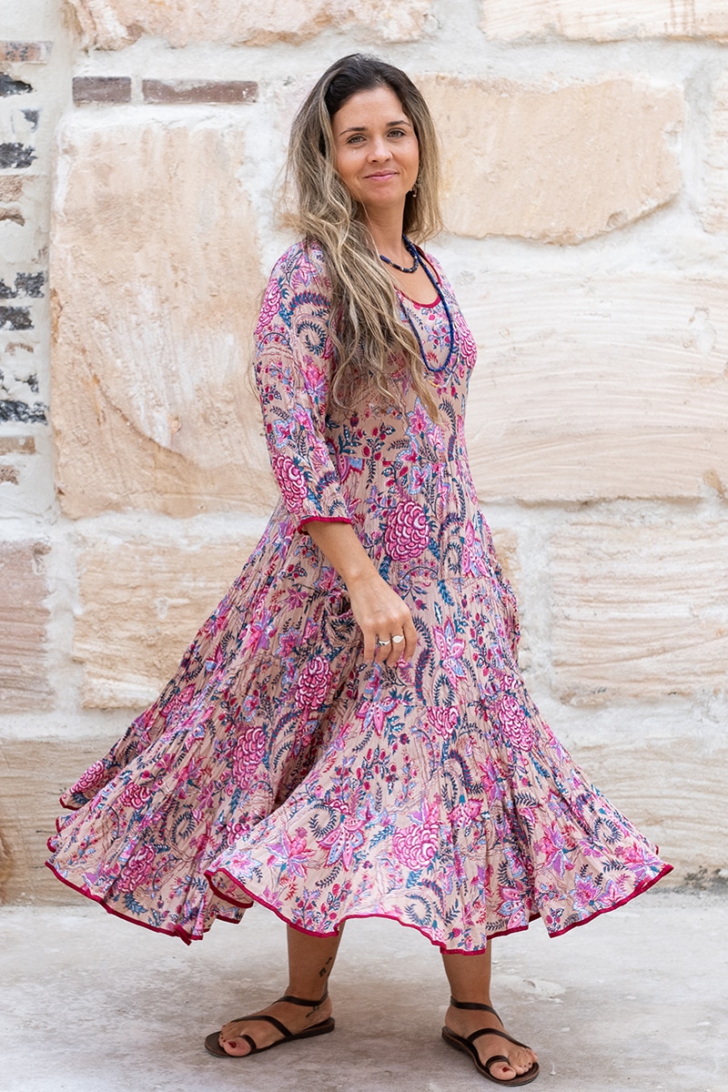 Flamenco Dress with Sleeves - 100% cotton ~ Hand block prints
