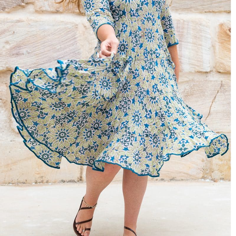 Sleeved Flamenco Dress -m 100% cotton ~ hand block prints