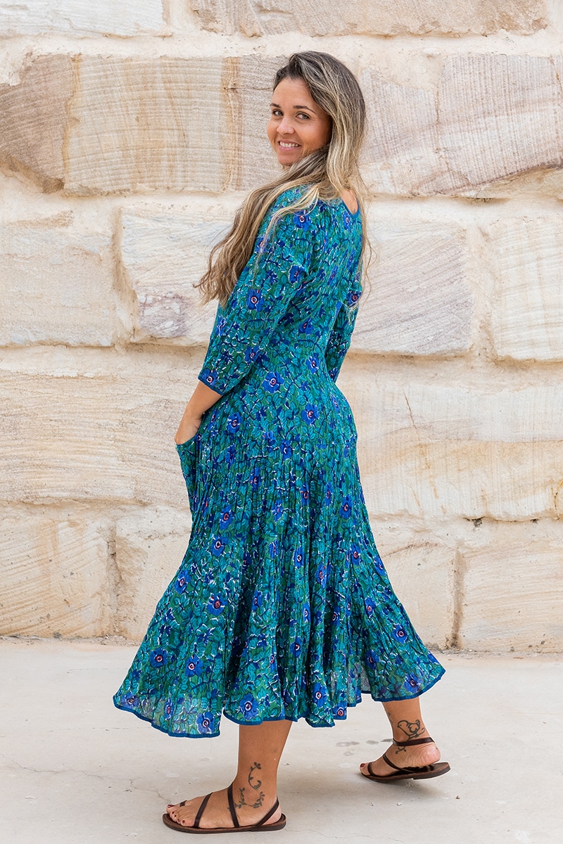 Flamenco Dress with Sleeves - Peacock Blue