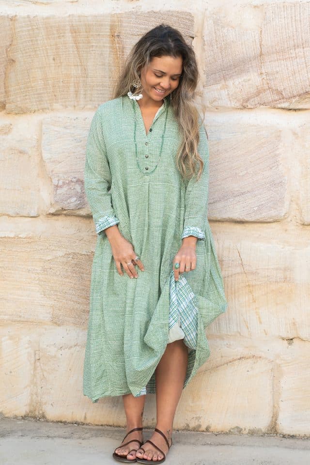 Erika Dress - Emerald Check - Soul Song Life - 100%Cotton - Block Prints