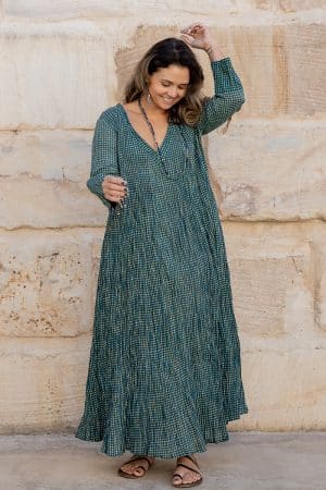 Mevlana Dress with Sleeves - Forest Gingham