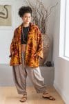 Womens Kumud Kantha Jacket, with traditional Suzani embroidery, handmade from recycled Vintage Kantha’s. Gold & Maroon Tashi.