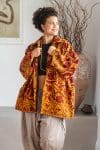 Womens Kumud Kantha Jacket, with traditional Suzani embroidery, handmade from recycled Vintage Kantha’s. Gold & Maroon Tashi.