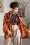 Womens Kumud Kantha Jacket, with traditional Suzani embroidery, handmade from recycled Vintage Kantha’s. Gold & Maroon Tashi.