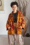 Womens Kumud Kantha Jacket, with traditional Suzani embroidery, handmade from recycled Vintage Kantha’s. Gold & Maroon Tashi.