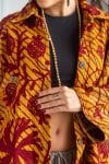 Womens Kumud Kantha Jacket, with traditional Suzani embroidery, handmade from recycled Vintage Kantha’s. Gold & Maroon Tashi.