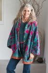 Womens Kumud Kantha Jacket, with traditional Suzani embroidery, handmade from recycled Vintage Kantha’s. Blue Pink Phena.