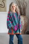 Womens Kumud Kantha Jacket, with traditional Suzani embroidery, handmade from recycled Vintage Kantha’s. Blue Pink Phena.