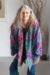 Womens Kumud Kantha Jacket, with traditional Suzani embroidery, handmade from recycled Vintage Kantha’s. Blue Pink Phena.