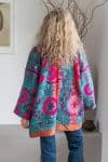 Womens Kumud Kantha Jacket, with traditional Suzani embroidery, handmade from recycled Vintage Kantha’s. Blue Pink Phena.