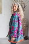 Womens Kumud Kantha Jacket, with traditional Suzani embroidery, handmade from recycled Vintage Kantha’s. Blue Pink Phena.
