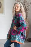 Womens Kumud Kantha Jacket, with traditional Suzani embroidery, handmade from recycled Vintage Kantha’s. Blue Pink Phena.