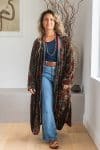 Womens, Odessa Silk Velvet Coat, hand block print, full body length with pockets, in Kashi