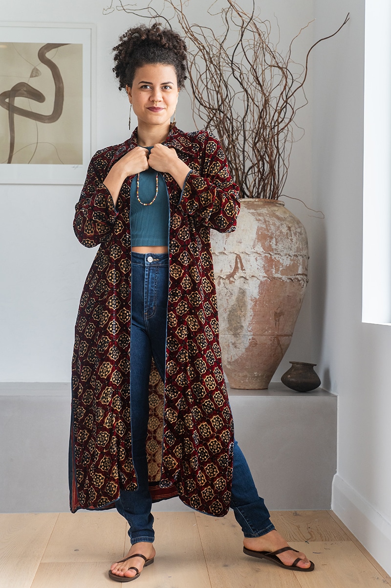 Womens, Odessa Silk Velvet Coat, hand block print, full body length with pockets, Tazia