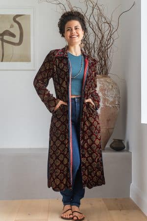 Womens, Odessa Silk Velvet Coat, hand block print, full body length with pockets, Tazia