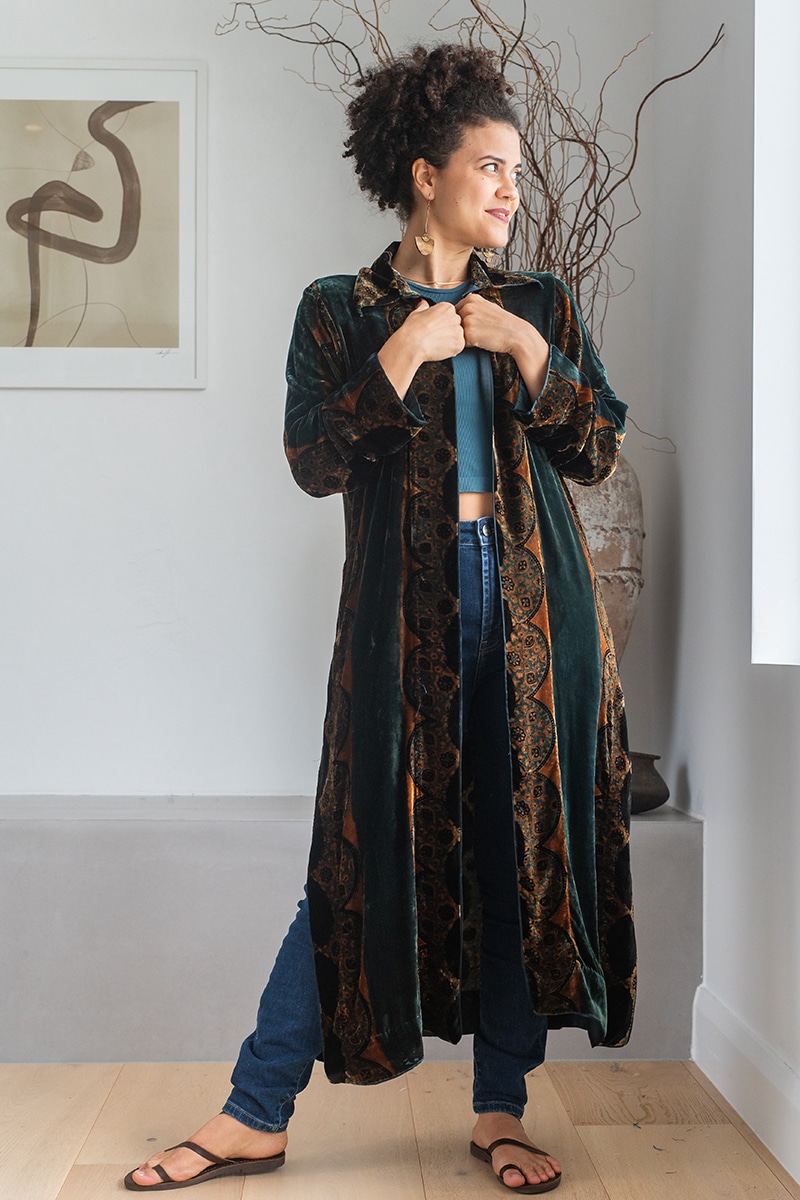Womens, Odessa Silk Velvet Coat, hand block print, full body length with pockets. Jewel